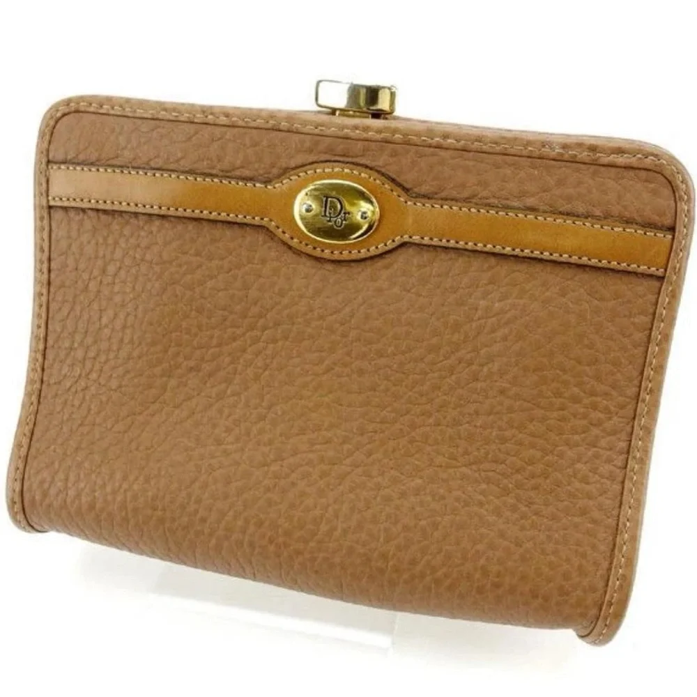 Vintage Christian Dior Tan Leather Wallet Coin Purse Gold Accents Clasp Closure